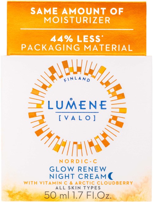 LUMENE nattkrem i eske som reduserer plastbruk, inneholder vitamin C og arktisk multer, egnet for alle hudtyper.