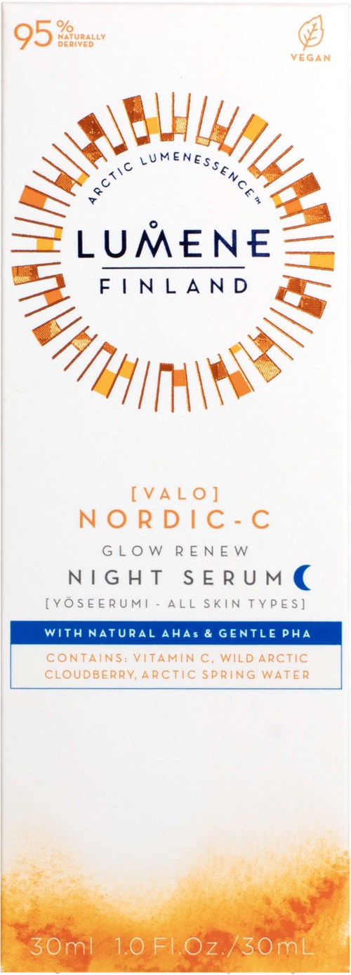 En hudplejeetikette for Lumene Nordic-C Glow Reveal Night Serum, der fremhæver naturlige ingredienser og arktisk vand.