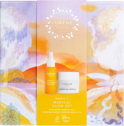 Ett hudvårdsset med glow-boosterserum och sovkräm, med ljus, färgstark abstrakt bakgrund och Lumène-logotyp.