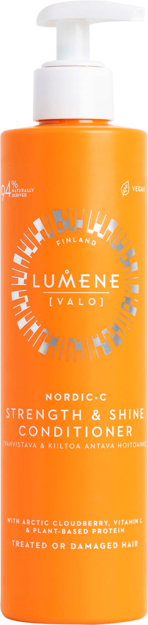 Oranssi pullo pumpulla, merkinnällä Lumene Nordic-C Strength & Shine Conditioner vaurioituneelle hiuksille.