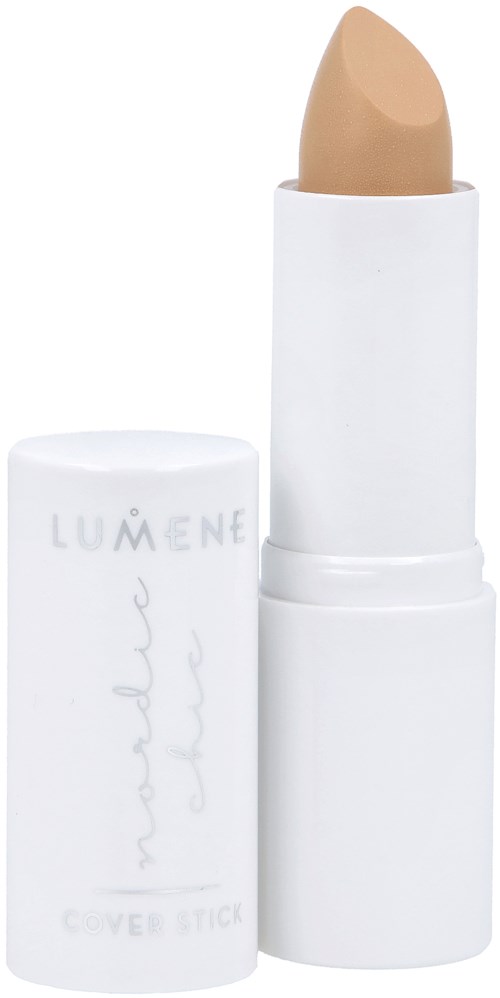 En beige läppstift i en vit tub med matchande vit lock, etiketten säger 'Lumene'.