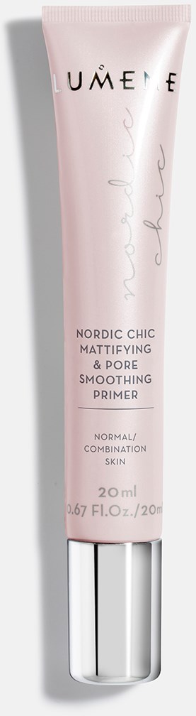 En rosa tub av primer med svart och grå text, märkt 'UMAEF', som anger att den jämnar ut huden för normal till blandad hud.