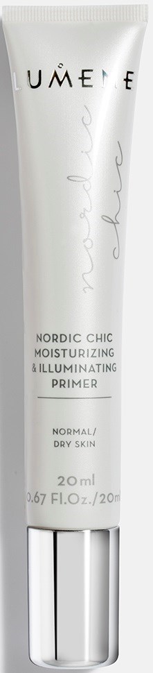 En vit tub med Nordic chic återfuktande och lysande primer för normal till torr hud, 20 ml/0,67 fl oz.