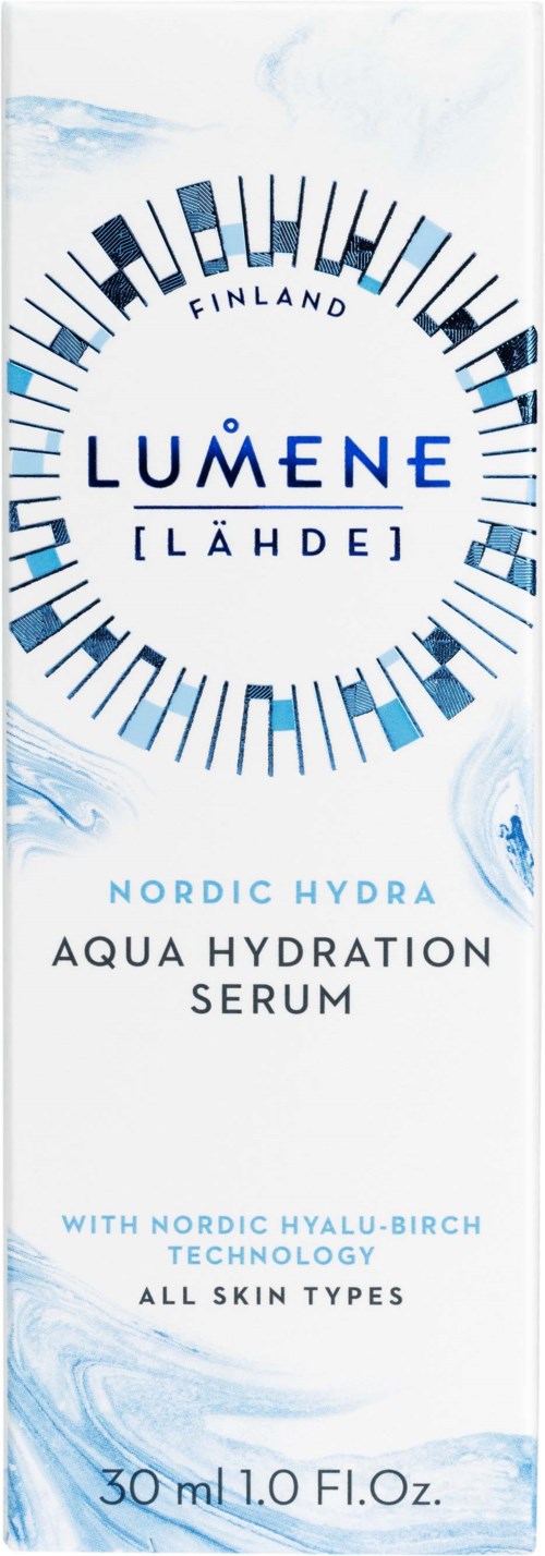 Ett vitt och blått hudvårdsproduktförpackning med cirkulär pianonyckel design och text om återfuktningsserum.