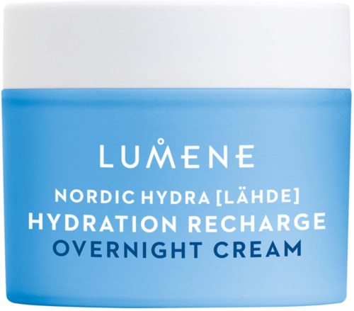 Blå och vit burk medproduktnamn och beskrivning för en hudvårdsgrädde.
