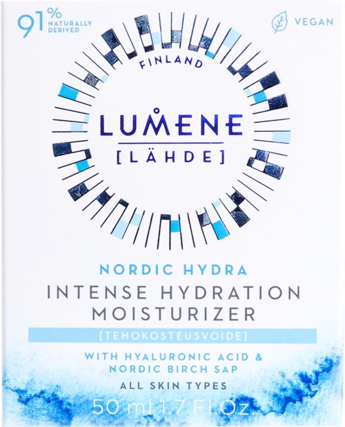 En hudvårdsprodukt vid namn Lumene Nordic Hydra återfuktare med hyaluronsyra, för alla hudtyper, i en 50 ml flaska.