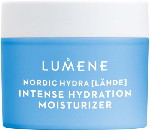 Blå och vit burk med Lumene Nordic Hydra fuktighetskräm för intensiv återfuktning.