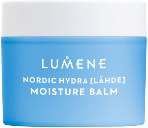 Blå och vit behållare med Lumene Nordic Hydra Moisture Balm, varumärke och produktnamn.