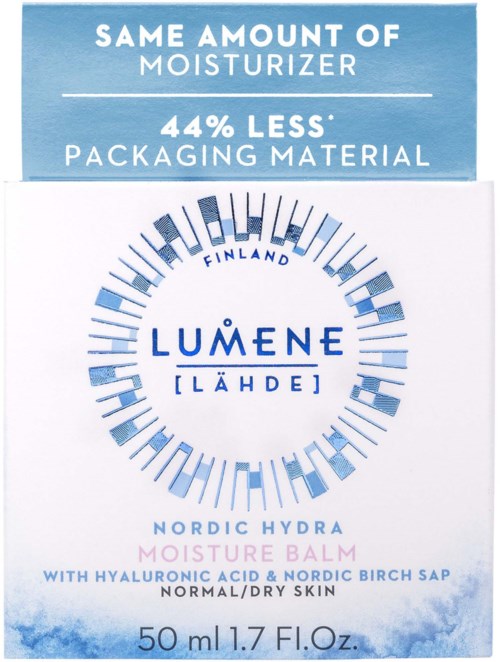Text på en hudvårdsprodukt som betonar mindre förpackning, ingredienser och återfuktande balm för torr hud.