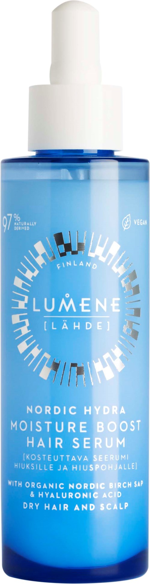 Sininen Lumene-huuhdan hiussuihke, merkitty Nordic Hydra Moisture Boost kuivaan hiukseen ja päänahkaan.