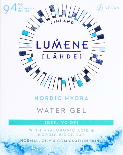 Vegan vattengelé från Finland med hyaluronsyra och björksav, för normal, fet och blandad hud.