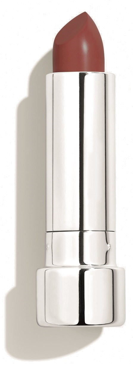 Läppstift i en silverrör med rosa-brown färg. Enkel design, står upprätt med skugga till vänster.