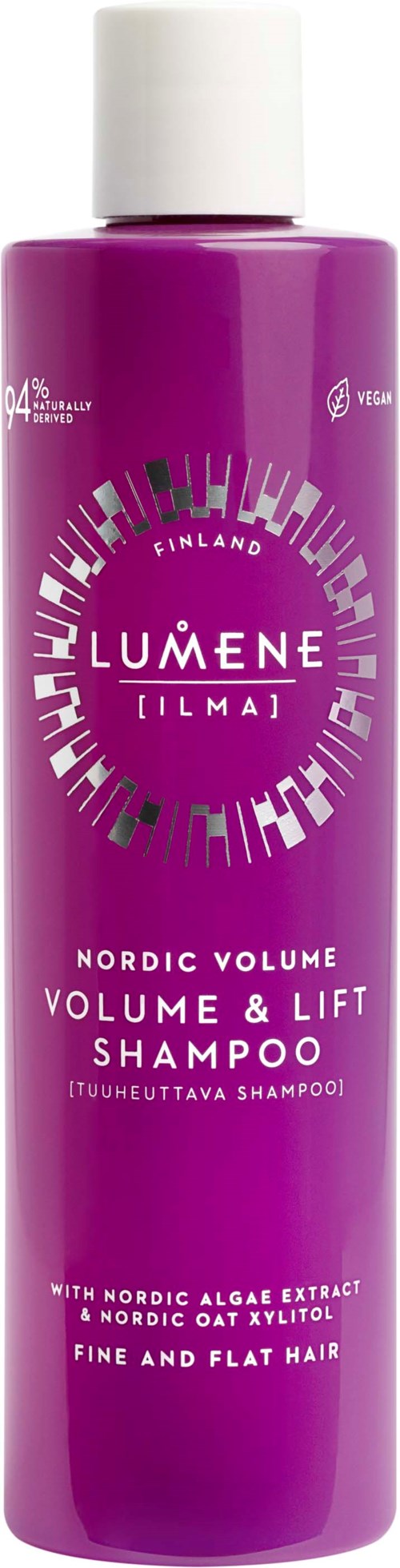 Lilla shampoo-flaske med hvid hætte, mærket Lumene Nordic Volume, designet til hårløft og volumen.