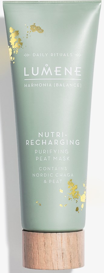Vihreäputeli, jossa on puinen kansi, Lumenen Nutri-Recharging Peat Mask kasvojen hoitoon.