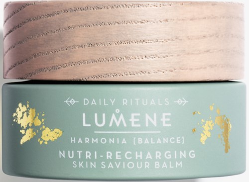 En grön behållare märkt Lumene Nutri-Recharging Skin Balm, med guldfläckar och ett beige lock.