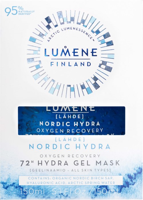 En logga för Lumene Finland med blå vatteninspirerade produkter för hudhydrering och återhämtning.