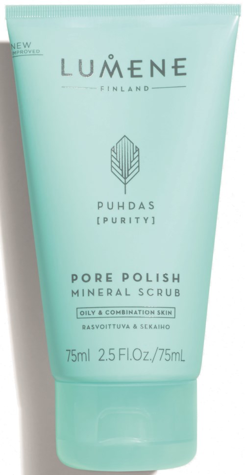 En ljus grön tub med Lumene Puhdas Pore Polish Mineral Scrub för oljig och blandad hud. Text på finska och engelska.
