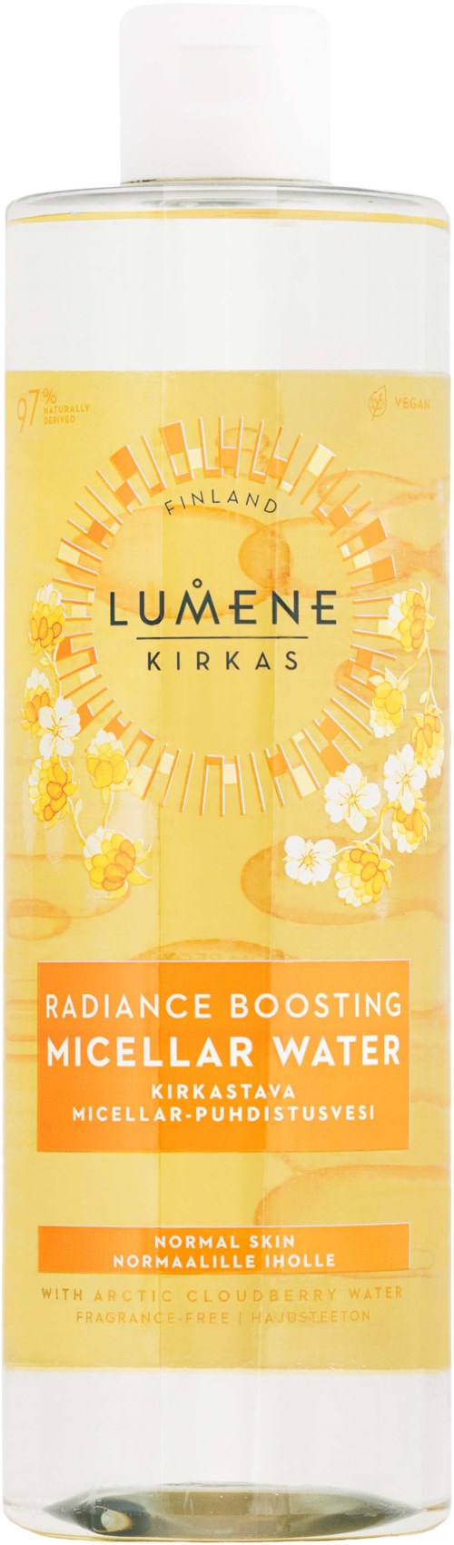 Een doorzichtige fles met gele vloeistof, gelabeld Lumene Kirkas Radiance Boosting Micellar Water voor normale huid.
