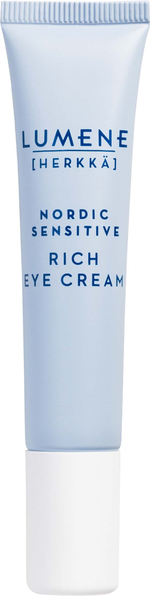 En vit tub med blå text, märkt Lumene Nordic Sensitive Rich Eye Cream, står upprätt.