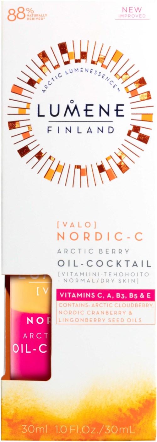En hudpleieemballage med Arctic Berry olje-cocktail, vitaminer og en logo med sirkulære mønstre fra Lumene Finland.
