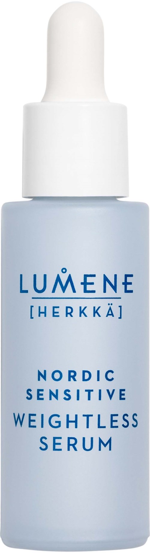 En blå flaske med dropper indeholder Lumene Nordic Sensitive Weightless Serum.