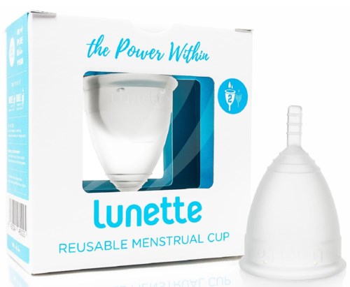 Uudelleen käytettävä kuukuppi laatikossa, jossa on sininen ja valkoinen muotoilu, näyttääkupin ja logo. Teksti lukee "Lunette" ja "Reusable Menstrual Cup."