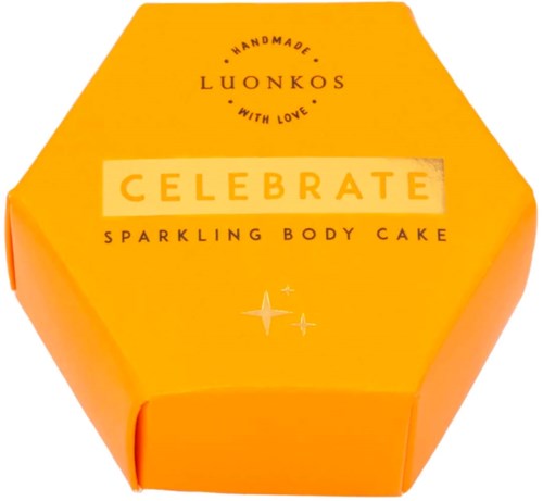 Oranje doos met het woord "Celebrate" en de omschrijving "sparkling body cake" in zwarte tekst. Het heeft een sterontwerp.