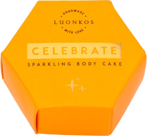 A bright yellow box with the words "CELEBRATE" and "SPARKLING BODY CAKE." It has a cheerful, festive look.