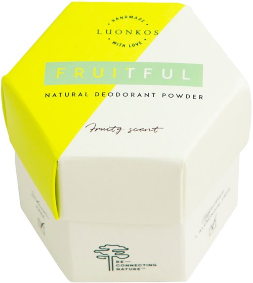 A white and yellow deodorant container with green and black text, branding for natural deodorant powder with a fruity scent.