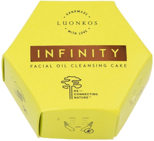 Yellow hexagon-shaped packaging for a facial oil cleansing cake with text and simple face illustration.