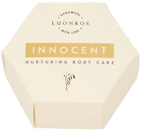 Logo für Luonkos, ein handgefertigtes pflegendes Körperkuchenprodukt, mit einfachem Text und kleiner Blattzeichnung.