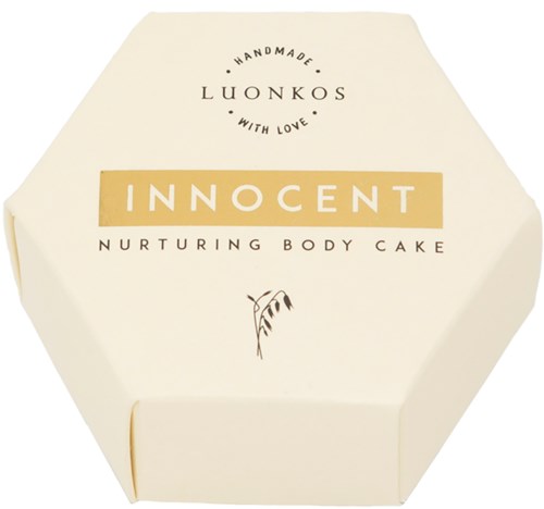 Logo dla Luonkos Innocent odżywczy ciasto do ciała, ręcznie wykonane z miłości, w miękkich odcieniach beżu i złota.