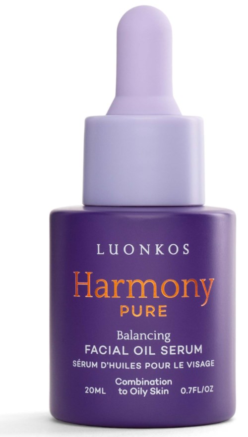 Een paarse fles Luonkos Harmony Pure huidolie-serum met pipetdop.