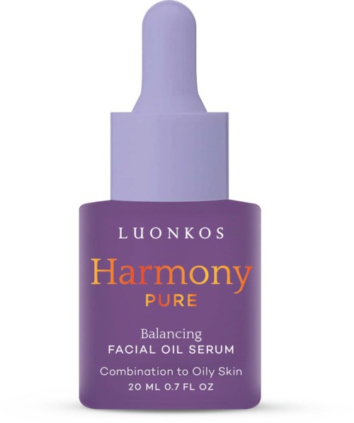 Een paarse fles met druppelkork, gelabeld als Harmony Pure Gezichtsolie Serum voor vette huid.