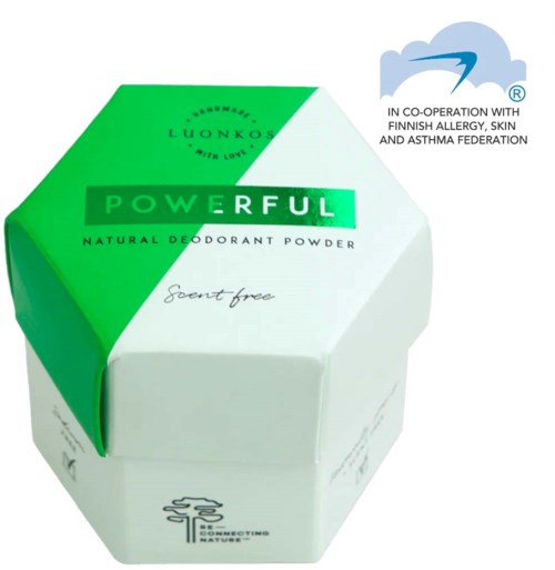 A green and white deodorant powder box with text about natural, scent-free, powerful features, and Finnish allergy cooperation.