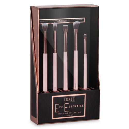 Set van vijf make-up borstels met roze handvat in een zwart en roze doos, gelabeld Luxie Eye Essential Rose Gold Collection.