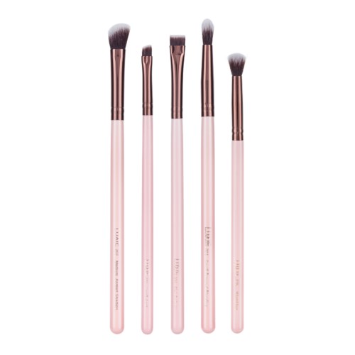 Vijf make-up kwasten met roze handvatten en donkere haren staan verticaal.