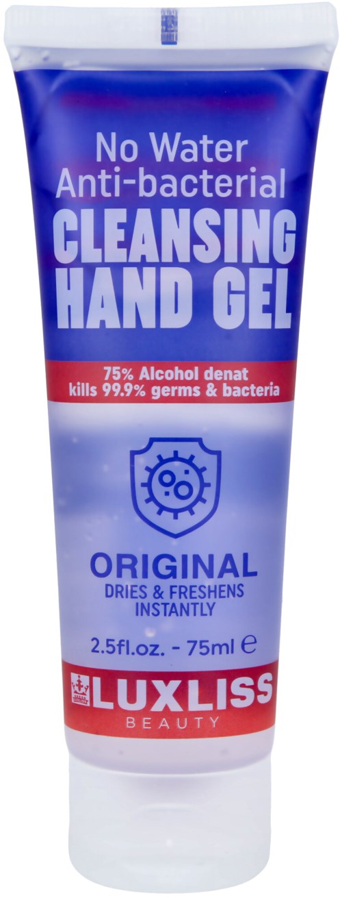 Ett blått och vitt rör märkt som vattenfri, antibakteriell rengöringshandgel av Luxliss Beauty.