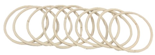 En rad med nio små, ljusa gummiband placerade i en rad.