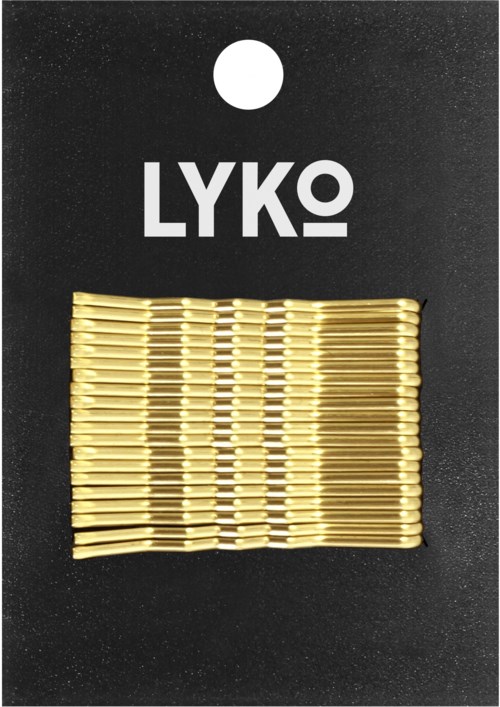 Musta lappu, jossa on yläosassa reikä, valkoinen teksti "LYKO" ja kultaiset hiusklipsit rivissä.