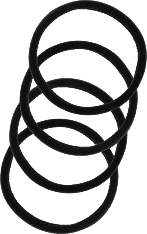 Fem svarta gummiband staplade i en spiral.
