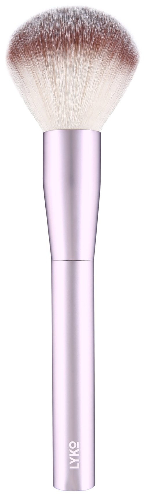 Ein Make-up-Pinsel mit weißem Griff und weichen Borsten, die an den Spitzen von Rosa zu Weiß verblassen.