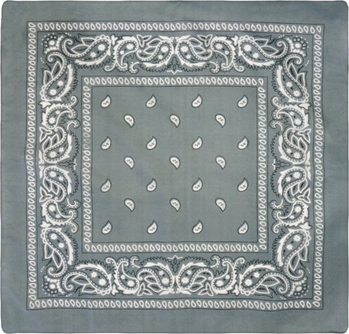 En firkantet bandana med paisley- og prikkmønster i hvitt på blå bakgrunn.