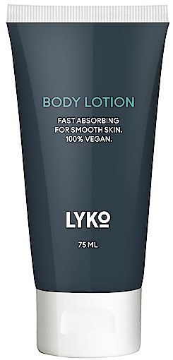 A dark blue tube of body lotion, stating it is fast absorbing, for smooth skin, 100% vegan, with 75 ml.