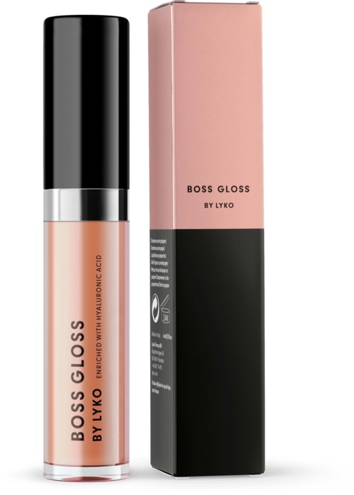 Ein pinker Lippenstift von BOSS GLOSS von LYKO mit einer schwarzen und rosa Schachtel daneben.