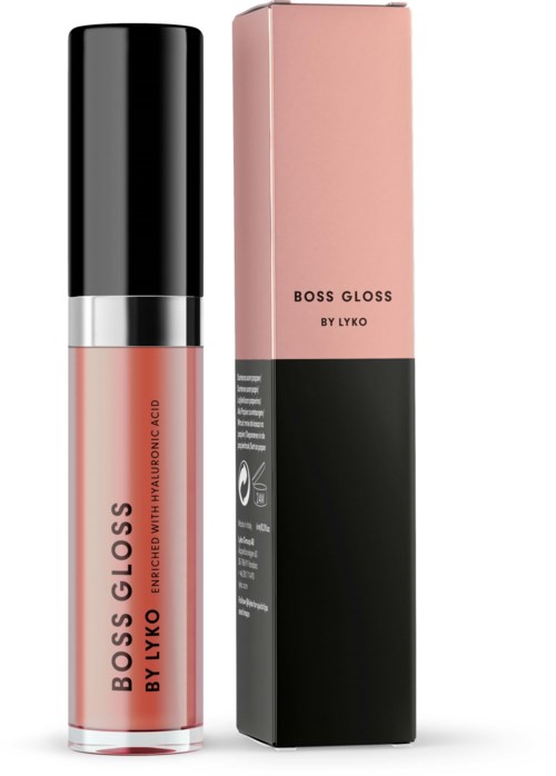 Roskis ja musta huulikiilto, jossa on merkintä 'BOSS GLOSS BY LYKO' putkessa ja pakkauksessa.