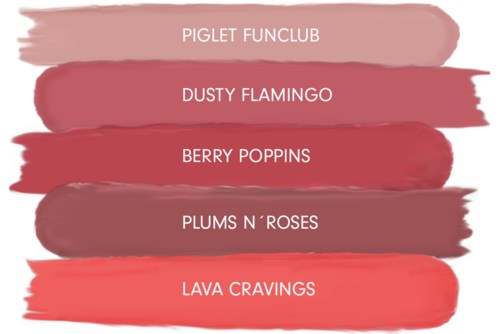 Färger och namn på fem makeupnyanser på penseldrag: Piglet Funclub, Dusty Flamingo, Berry Poppins, Plums n' Roses, Lava Cravings.