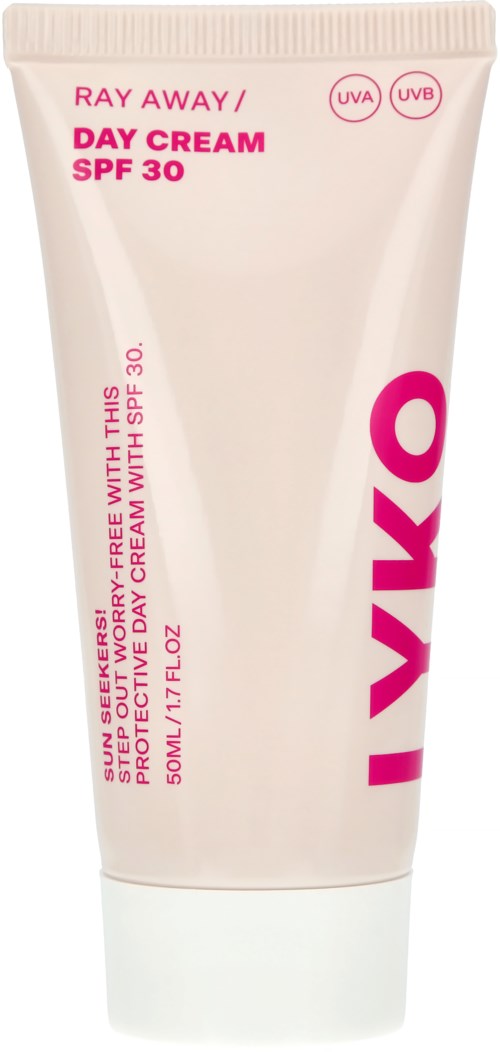 A tube of VIVA Ray Away Day Cream SPF 30 with pink and white packaging, indicating sun protection. Contains 50ml.