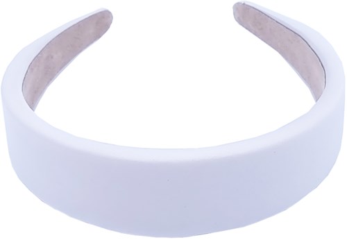 Bilden visar ett vitt, flexibelt diadem med öppet bakre del, troligtvis för hår eller mode.