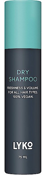 En sprayfärg av torrschampo med tealfärgad topp, svart kropp och vitt text. Den säger torrschampo, vegansk, 75 ml.